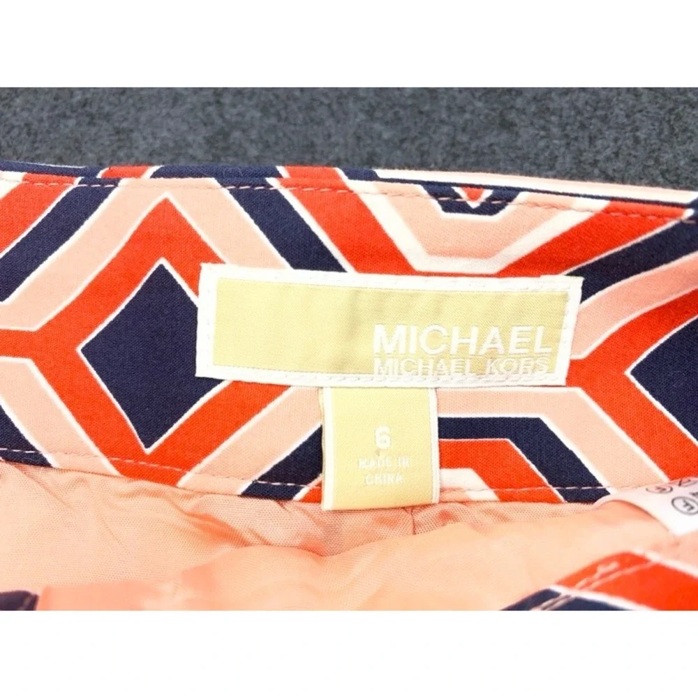 Michael Kors Pencil Skirt Womens 6 Orange Navy Geometric Diamond Belted 20in